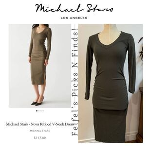 Michael Stars| Nova Ribbed V-Neck Long Sleeve Bodycon Dress - Olive Green, Sz XS